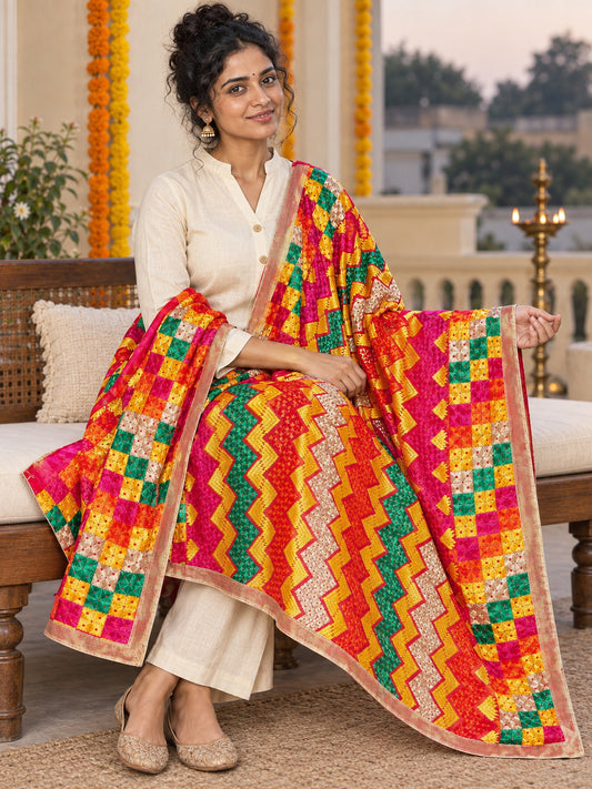 Dp2-Hv-109 — elegant seated Phulkari drape, festive primary portrait
