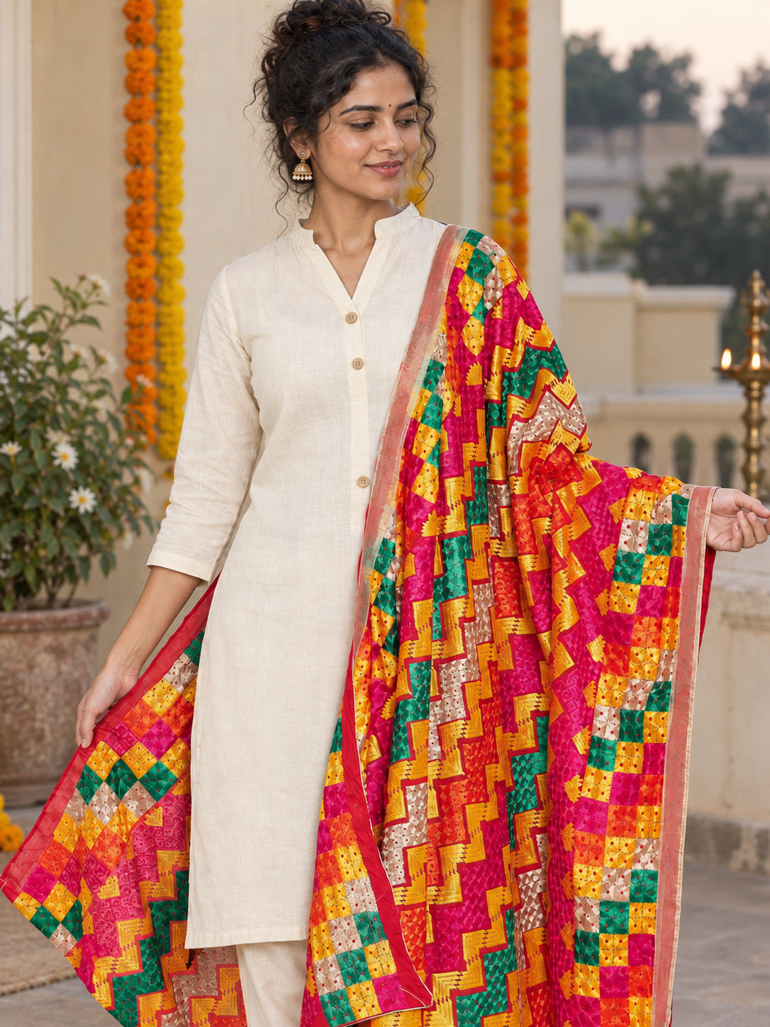 Dp2-Hv-109 — Phulkari dupatta, closer embroidered drape view