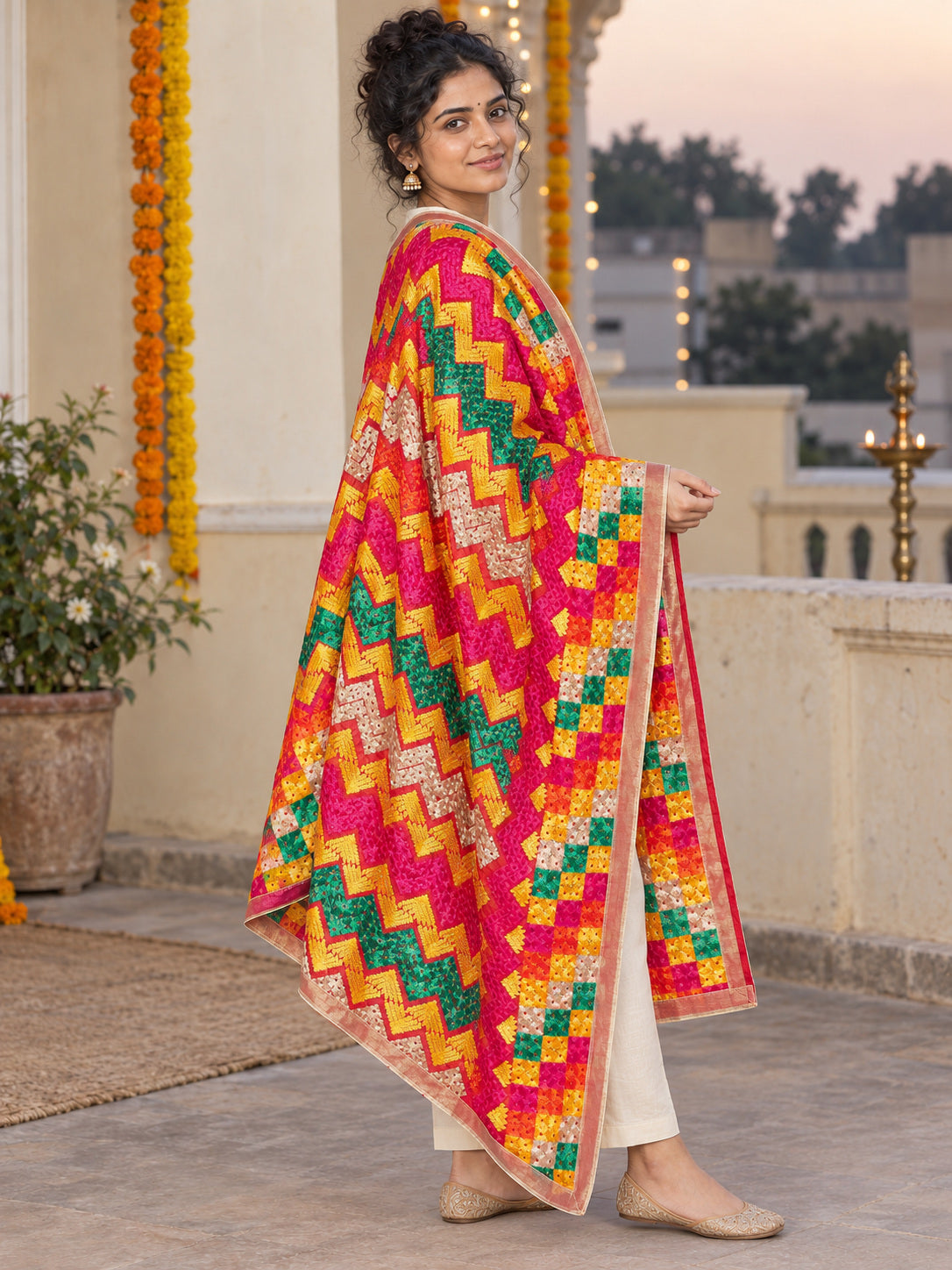 Dp2-Hv-109 — three-quarter side drape of embroidered Phulkari dupatta