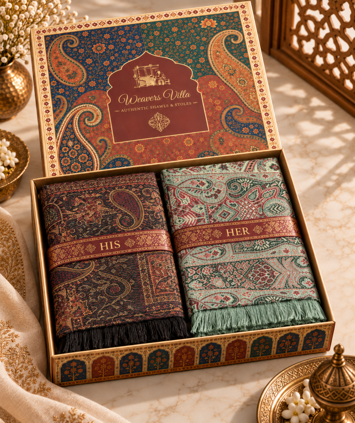 Weavers Villa His & Her Shawl & Stole Set for Men & Women with Gift Box | Couple Stoles/Shawl/Wrap Set of 2 |