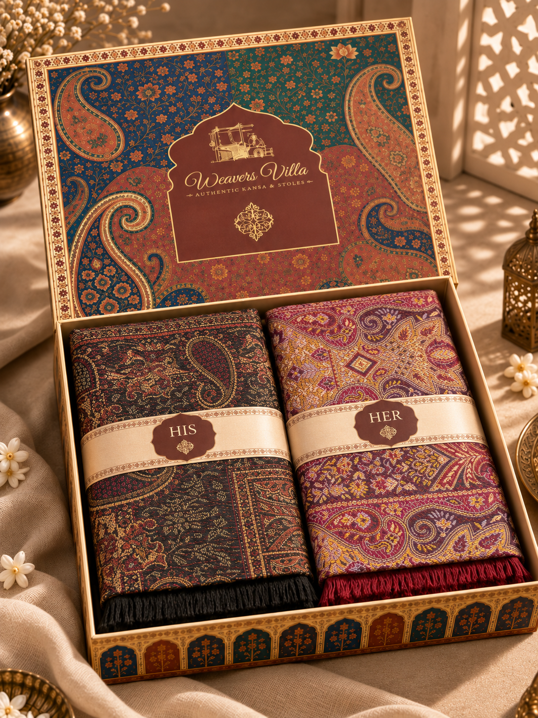 Weavers Villa His & Her Shawl & Stole Set for Men & Women with Gift Box | Couple Stoles/Shawl/Wrap Set of 2 |