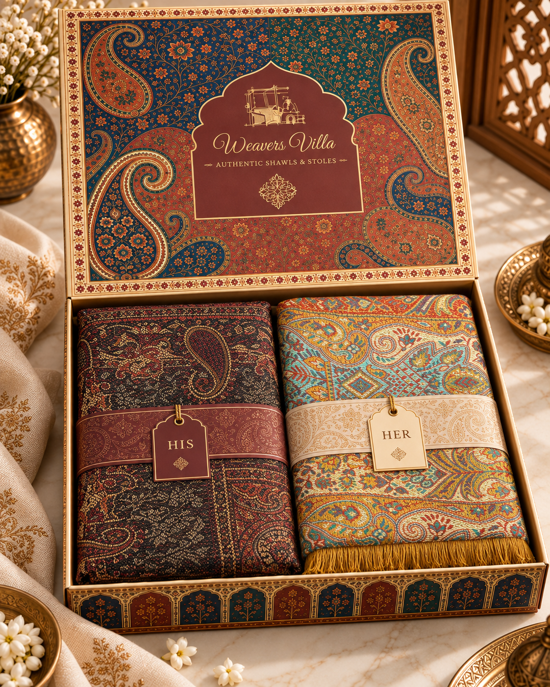 Weavers Villa His & Her Shawl & Stole Set for Men & Women with Gift Box | Couple Stoles/Shawl/Wrap Set of 2 |
