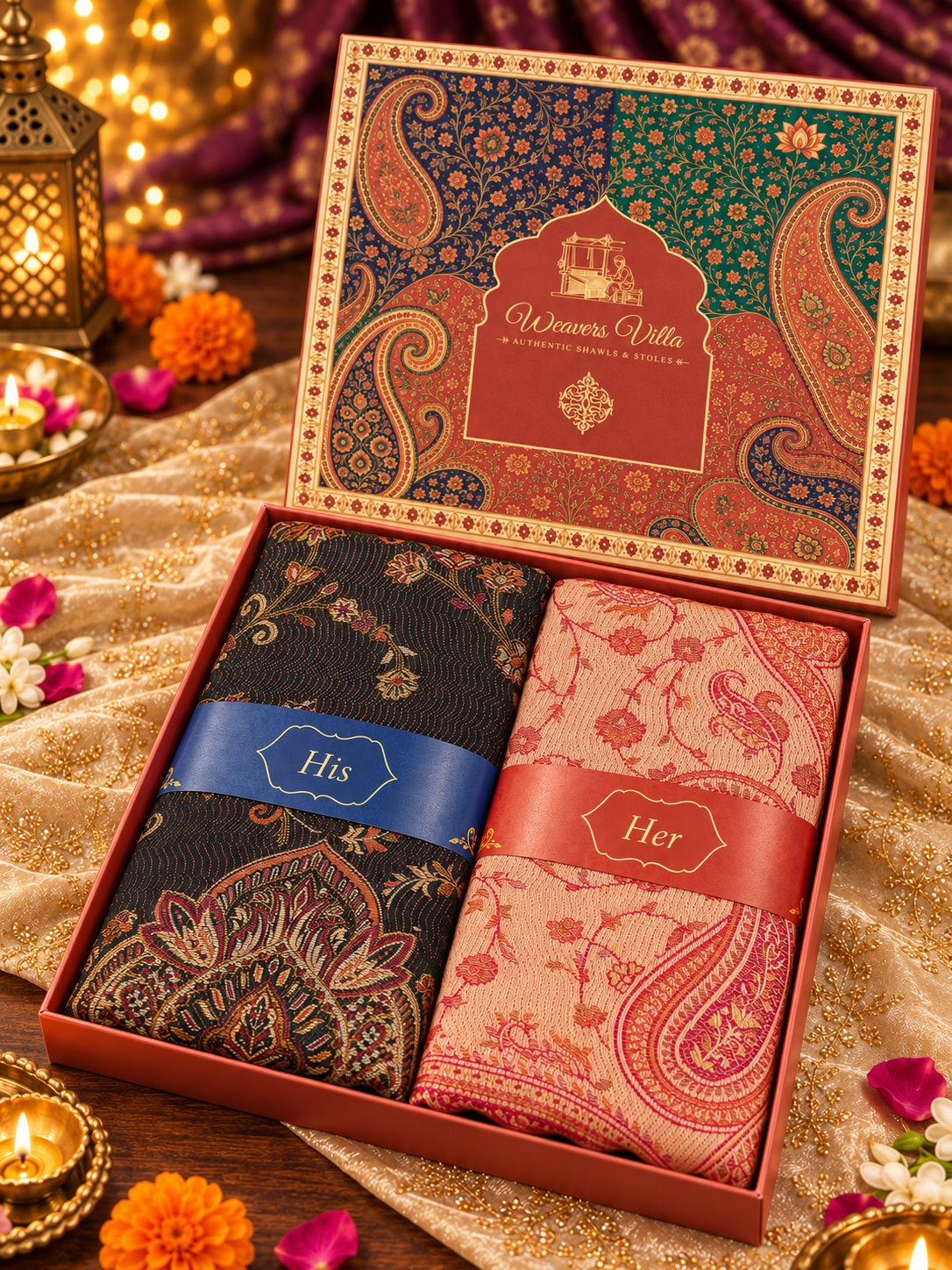 Black and Peach Paisley Shawl Gift Box Set For Men & Women