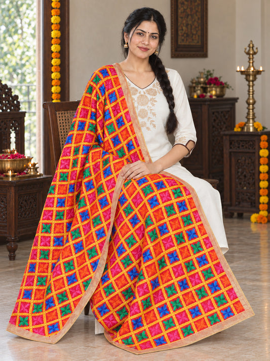 HV-ANARKALI — elegant seated Phulkari drape, festive primary portrait