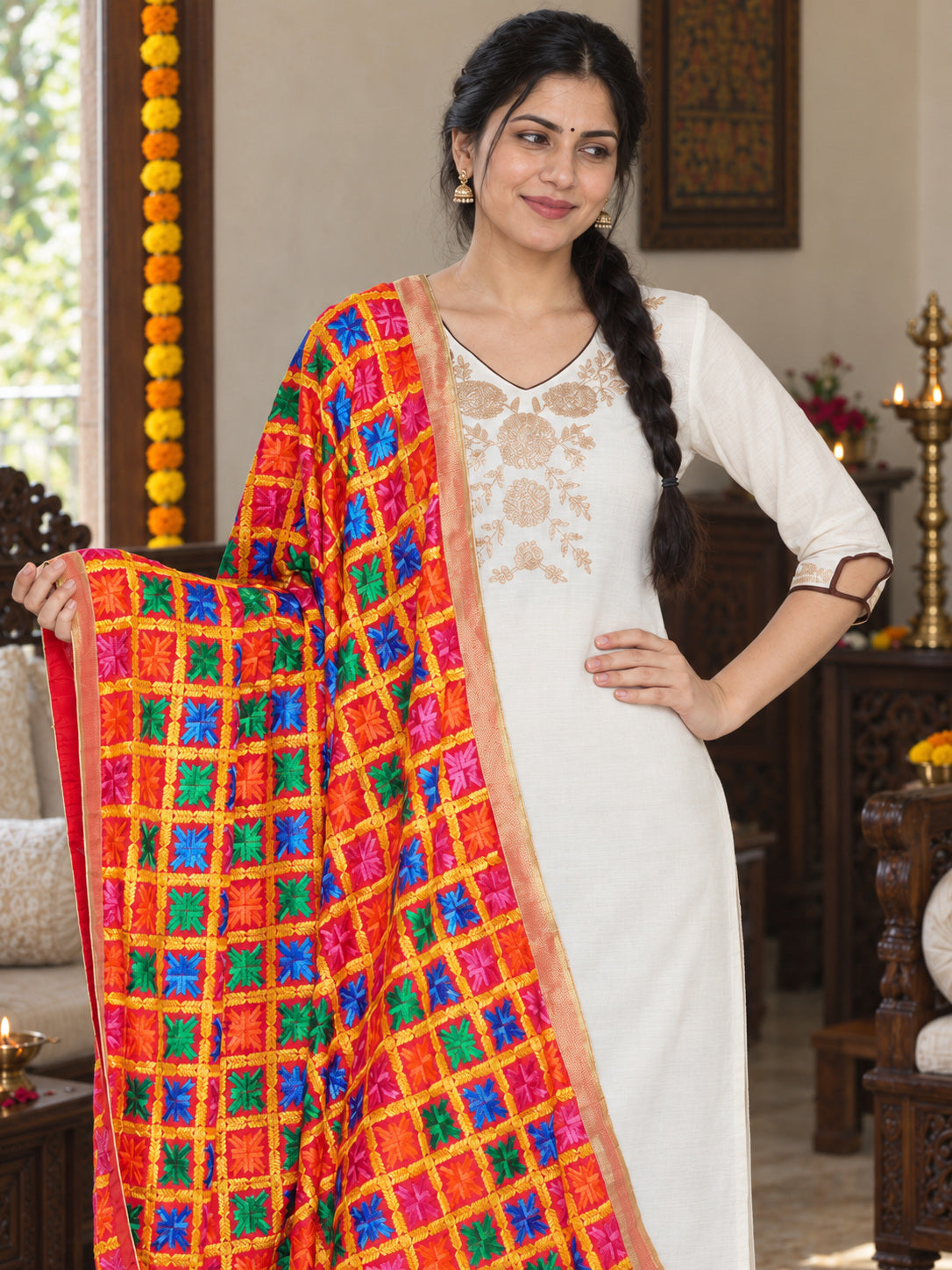 HV-ANARKALI — Phulkari dupatta, closer embroidered drape view