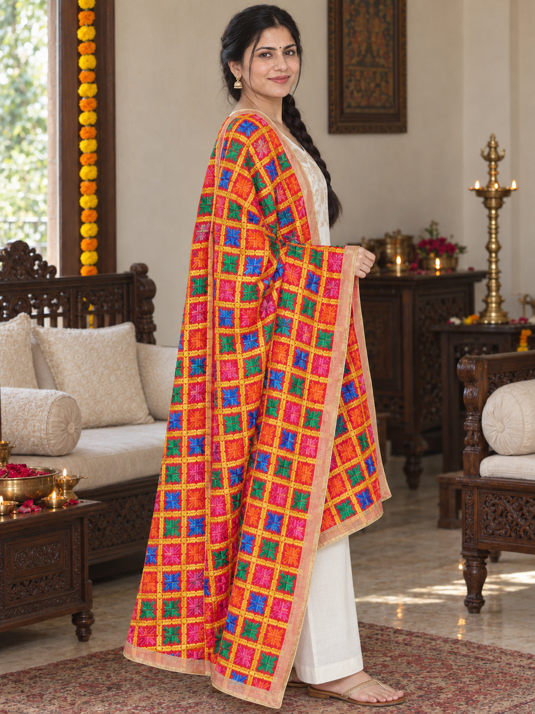 HV-ANARKALI — three-quarter side drape of embroidered Phulkari dupatta