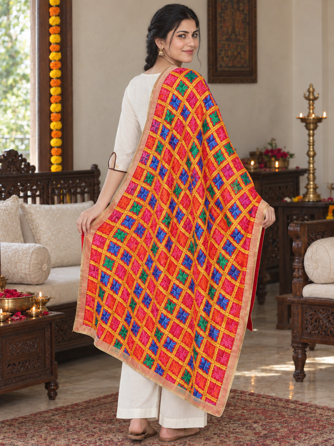 HV-ANARKALI — rear three-quarter drape showing Phulkari embroidery and border