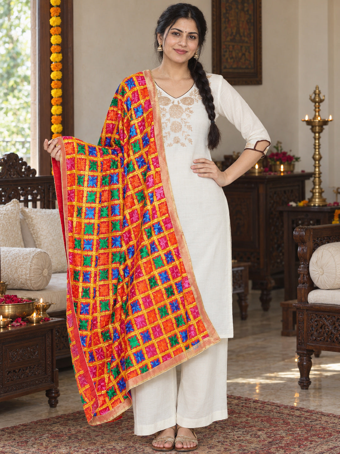 HV-ANARKALI — festive Phulkari dupatta, full-length model view