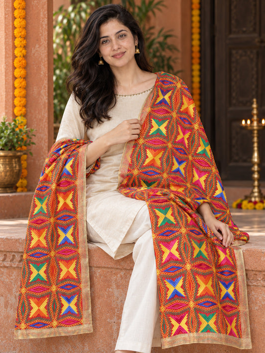 HV-BUTTERFLY — elegant seated Phulkari drape, festive primary portrait