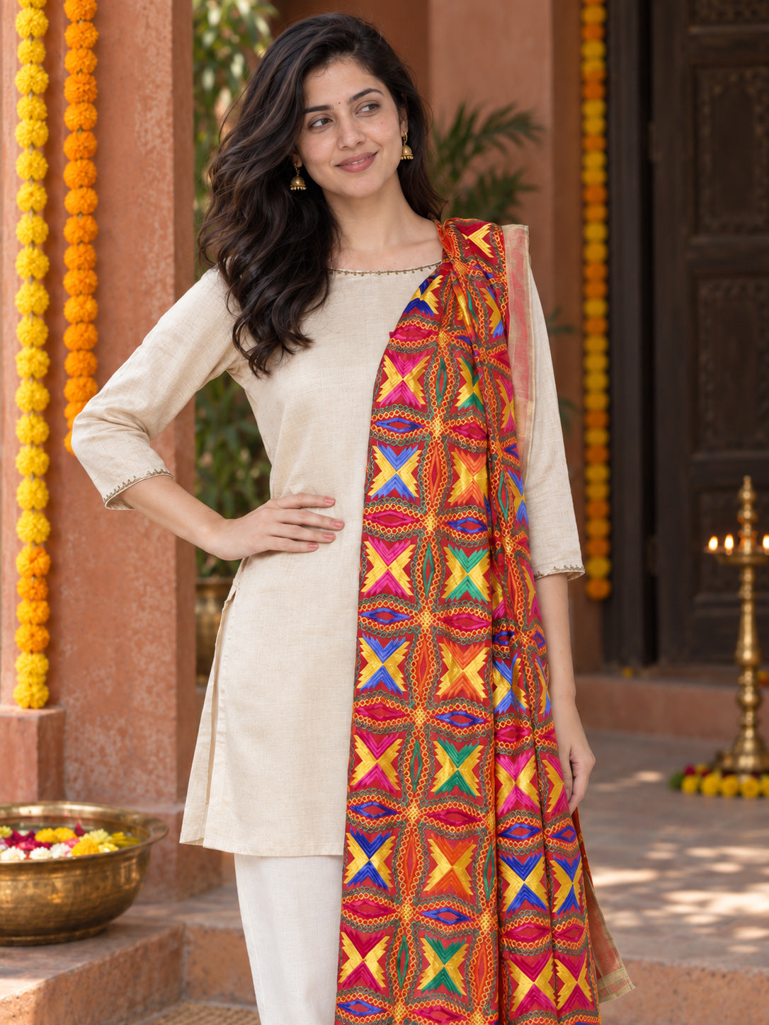 HV-BUTTERFLY — Phulkari dupatta, closer embroidered drape view