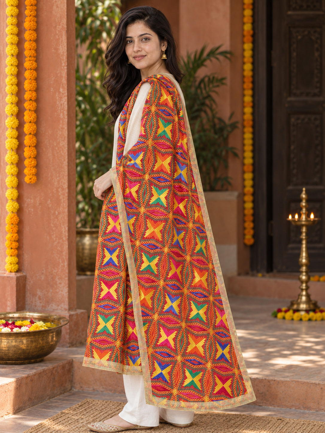 HV-BUTTERFLY — three-quarter side drape of embroidered Phulkari dupatta
