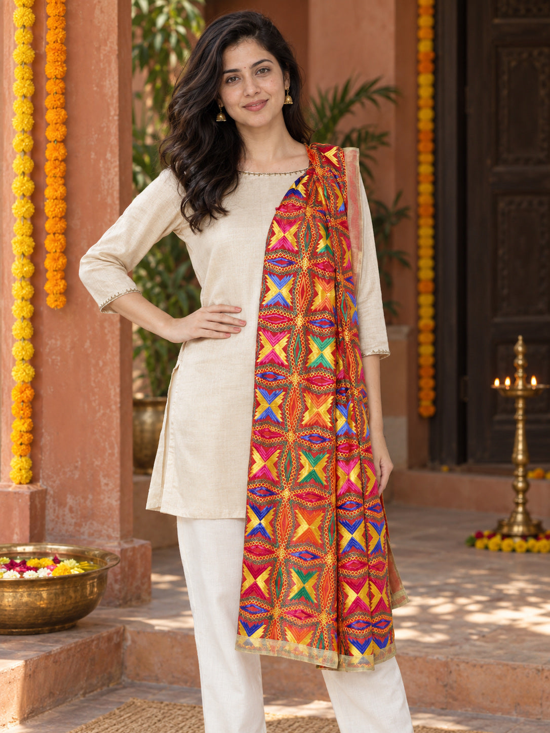 HV-BUTTERFLY — festive Phulkari dupatta, full-length model view