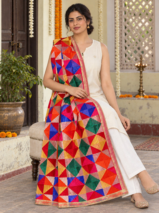 HV-PANKH — elegant seated Phulkari drape, festive primary portrait