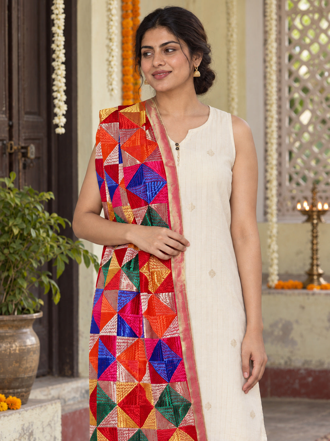 HV-PANKH — Phulkari dupatta, closer embroidered drape view