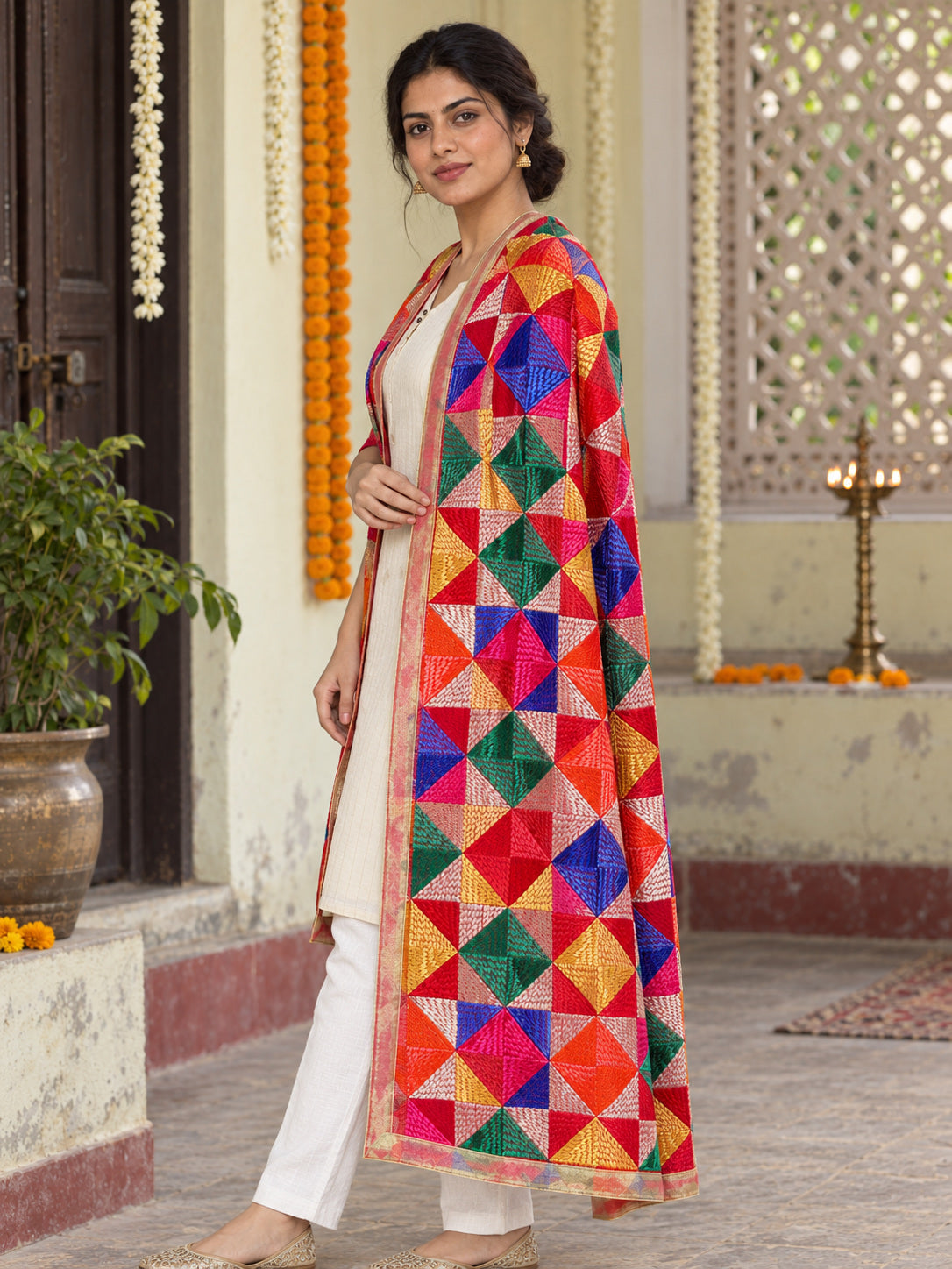HV-PANKH — three-quarter side drape of embroidered Phulkari dupatta