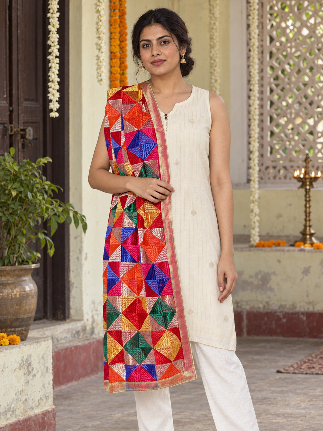 HV-PANKH — festive Phulkari dupatta, full-length model view
