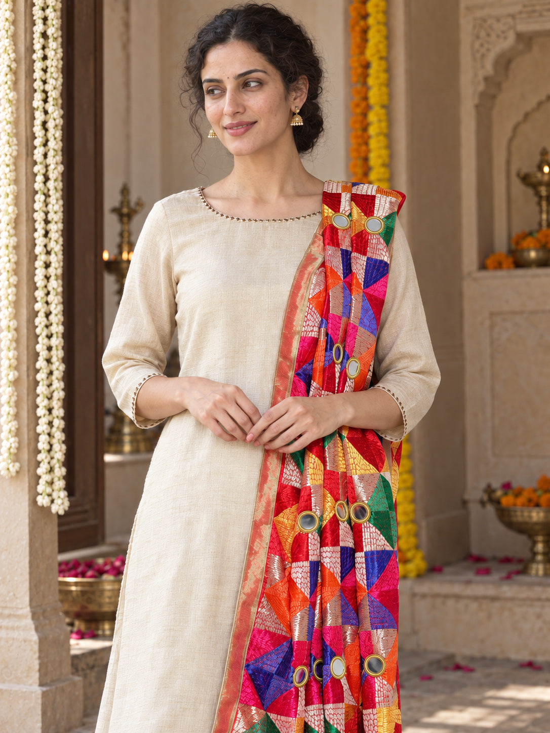 HV-PANKH-MIRROR — Phulkari dupatta, closer embroidered drape view
