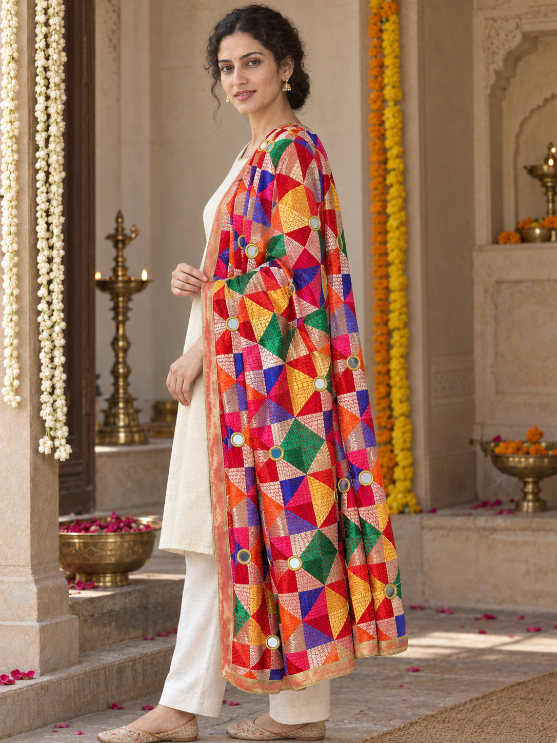 HV-PANKH-MIRROR — three-quarter side drape of embroidered Phulkari dupatta