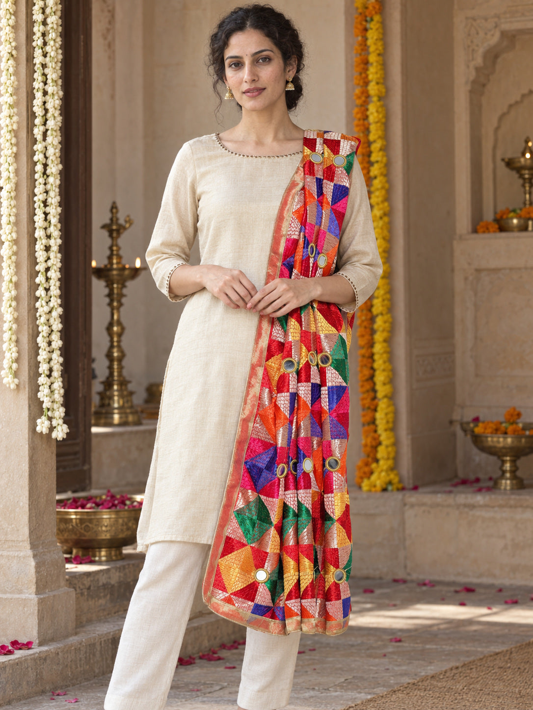 HV-PANKH-MIRROR — festive Phulkari dupatta, full-length model view