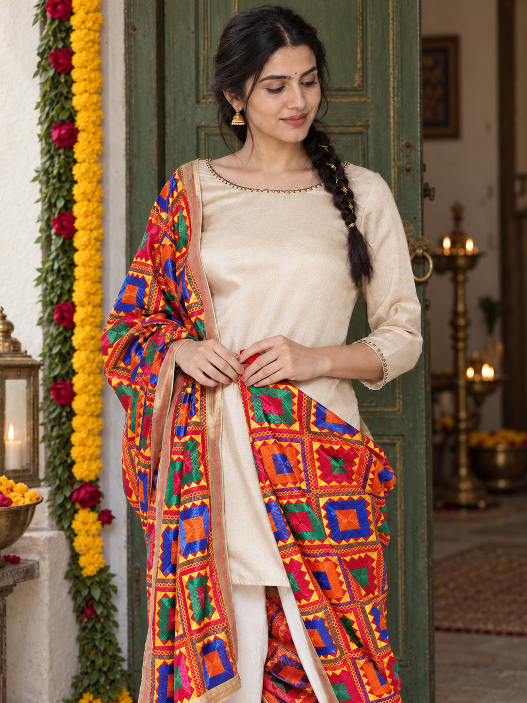 HV-PEACOCK — Phulkari dupatta, closer embroidered drape view