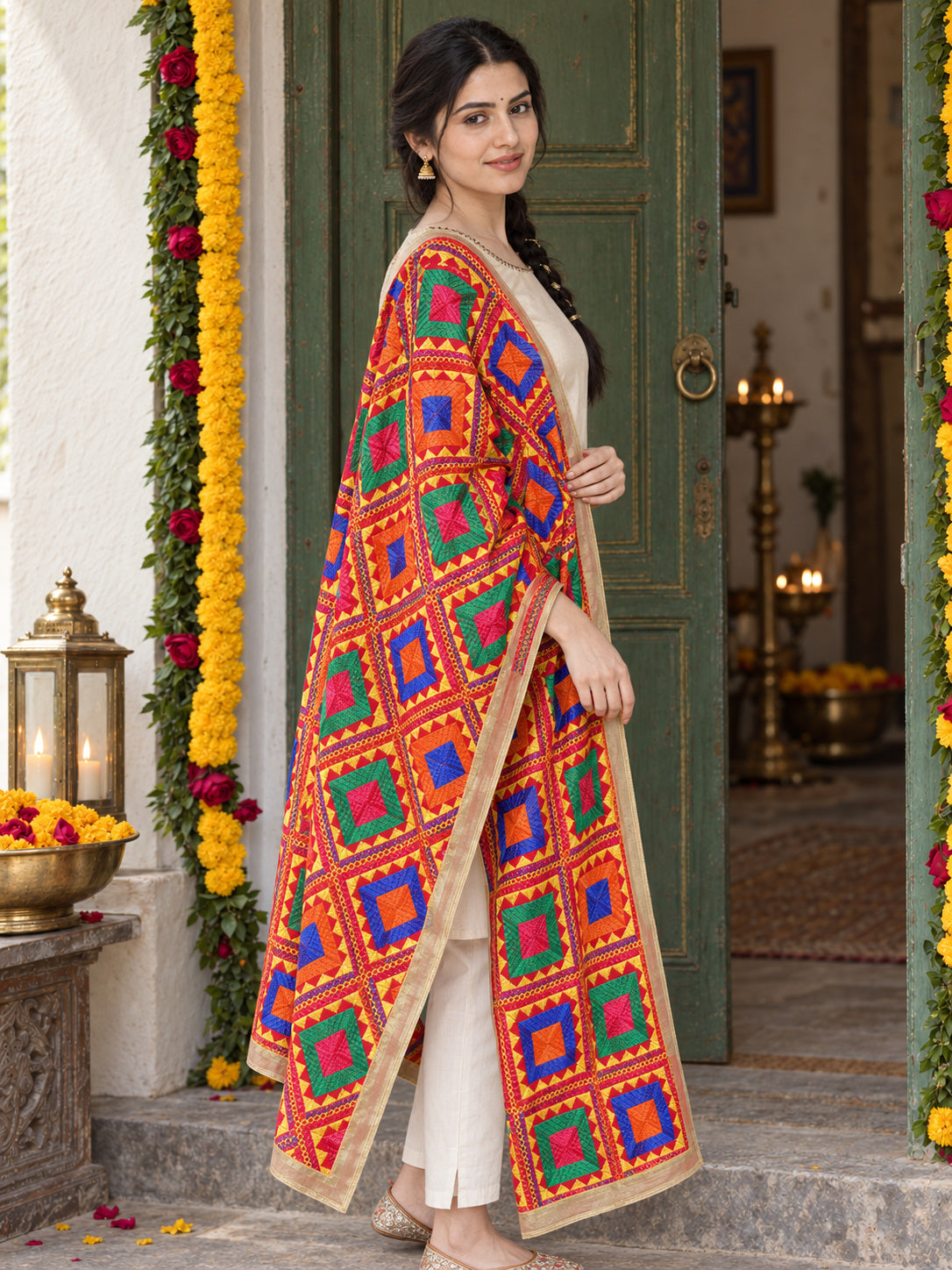 HV-PEACOCK — three-quarter side drape of embroidered Phulkari dupatta