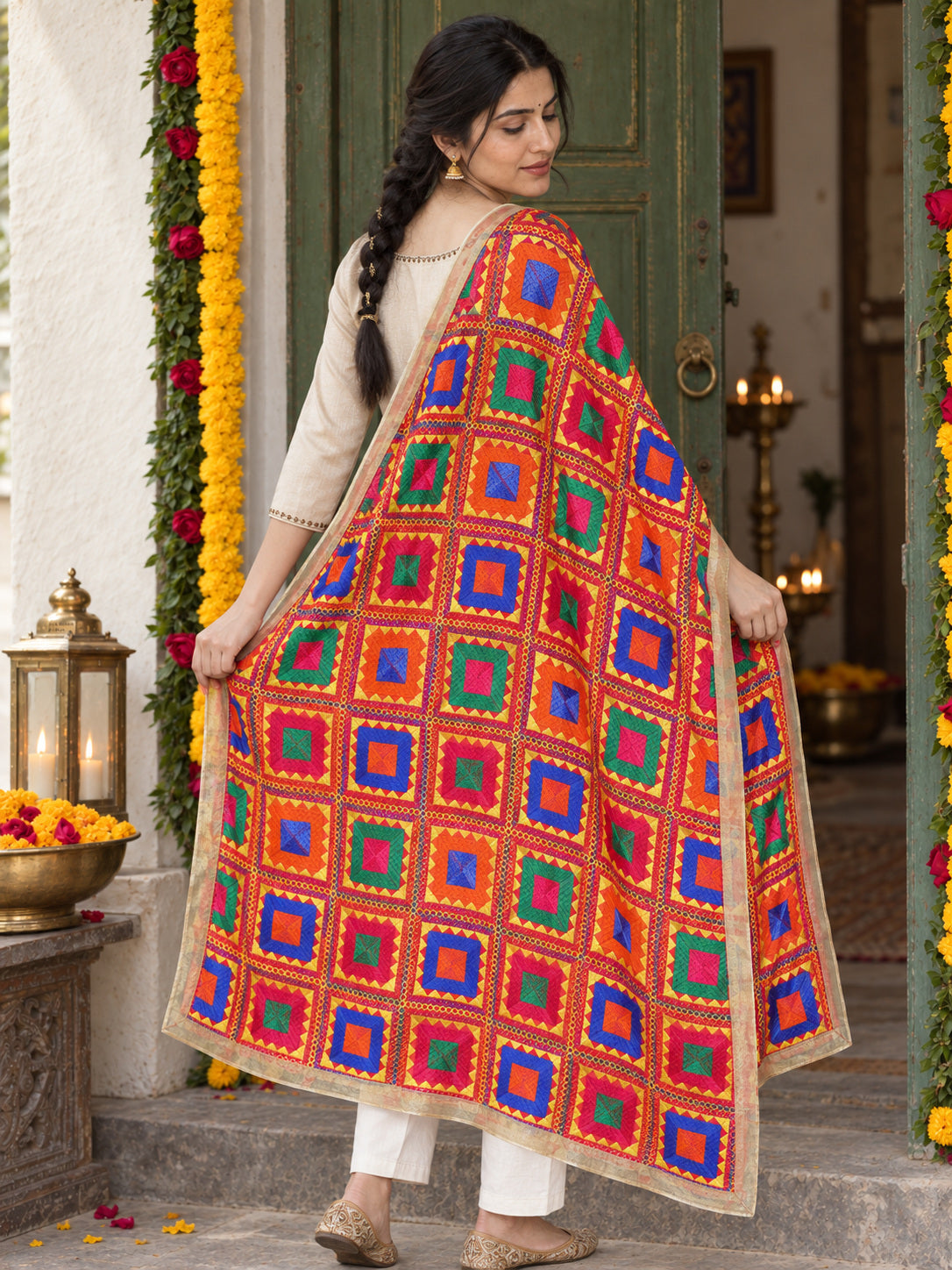 HV-PEACOCK — rear three-quarter drape showing Phulkari embroidery and border