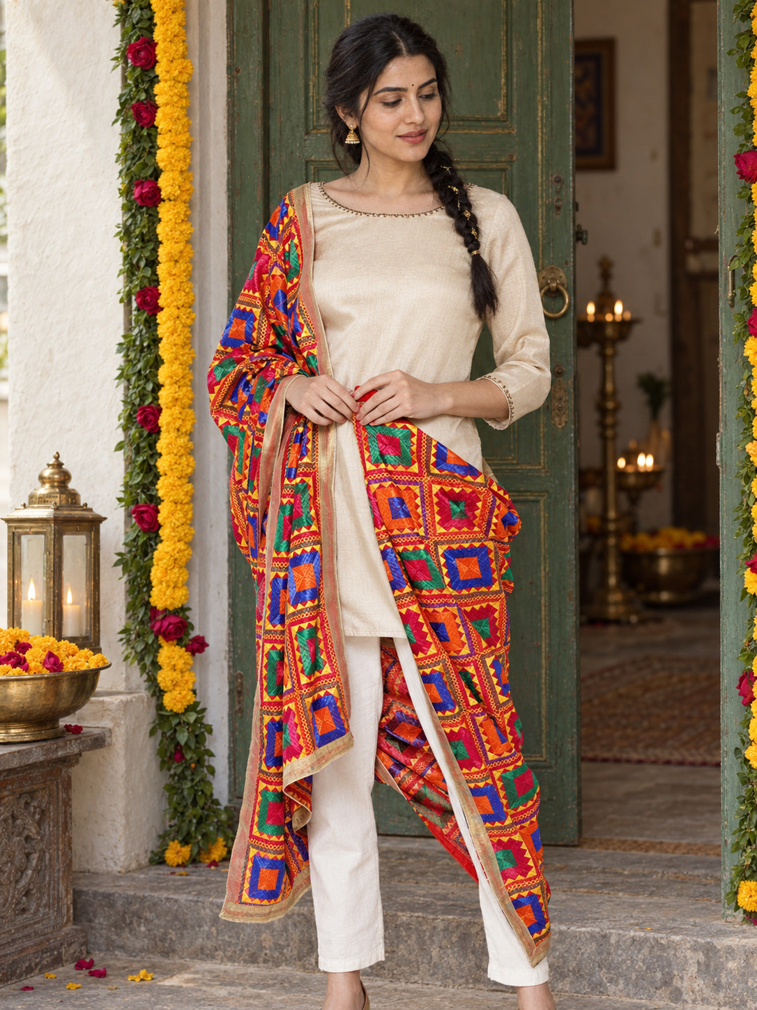 HV-PEACOCK — festive Phulkari dupatta, full-length model view