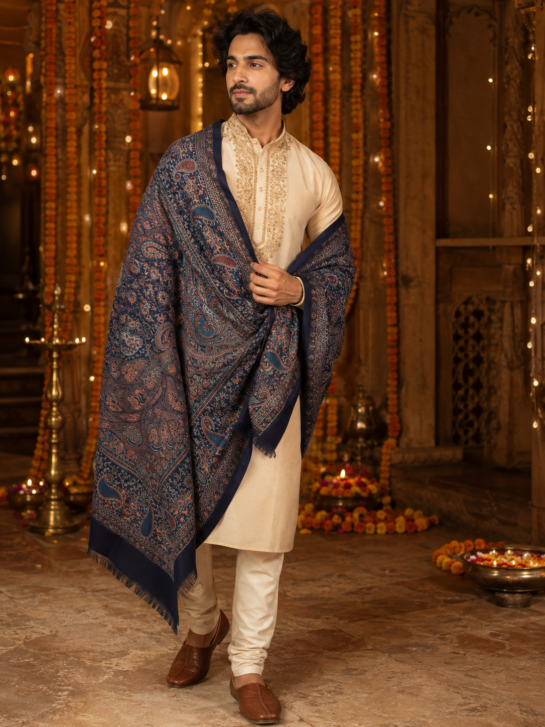 Man wearing a navy blue pashmina wool shawl