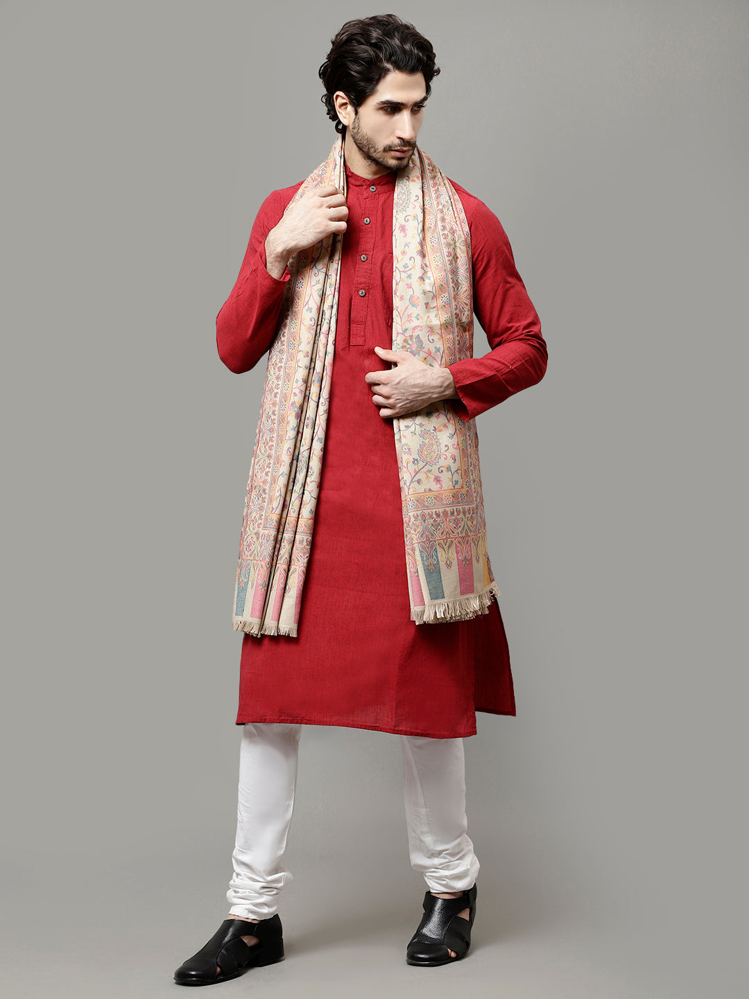 Weavers Villa Men's Paisley Woven Shawl/Muffler - Poly Wool Blend, 40x80 Inches, White