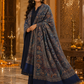 Woman wearing a navy blue pashmina wool shawl