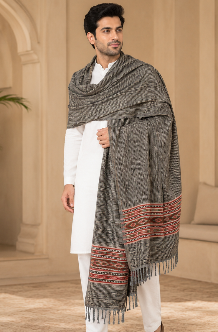 Weavers Villa Men's Kullu Border Woven Cashmilon Wool Gents Shawls, Muffler, Stoles for Men, 100cm x 200cm