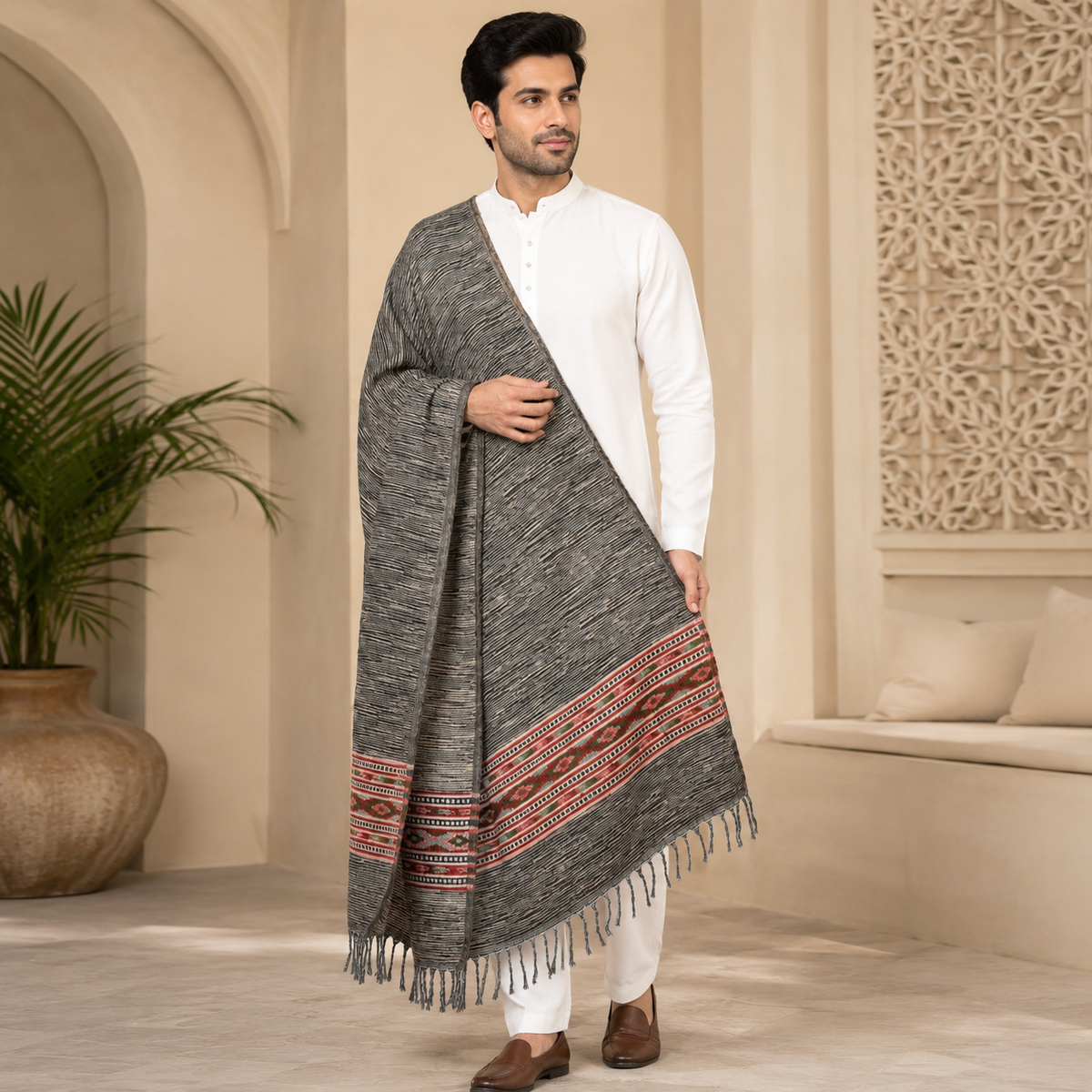 Weavers Villa Men's Kullu Border Woven Cashmilon Wool Gents Shawls, Muffler, Stoles for Men, 100cm x 200cm