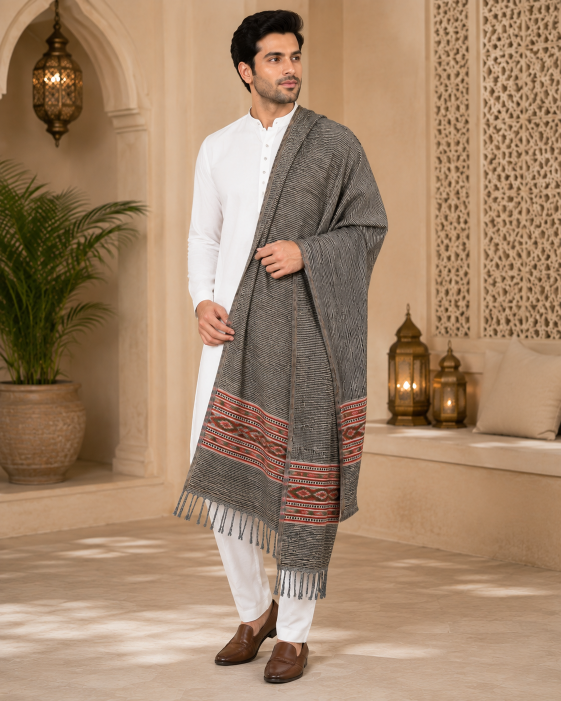 Weavers Villa Men's Kullu Border Woven Cashmilon Wool Gents Shawls, Muffler, Stoles for Men, 100cm x 200cm