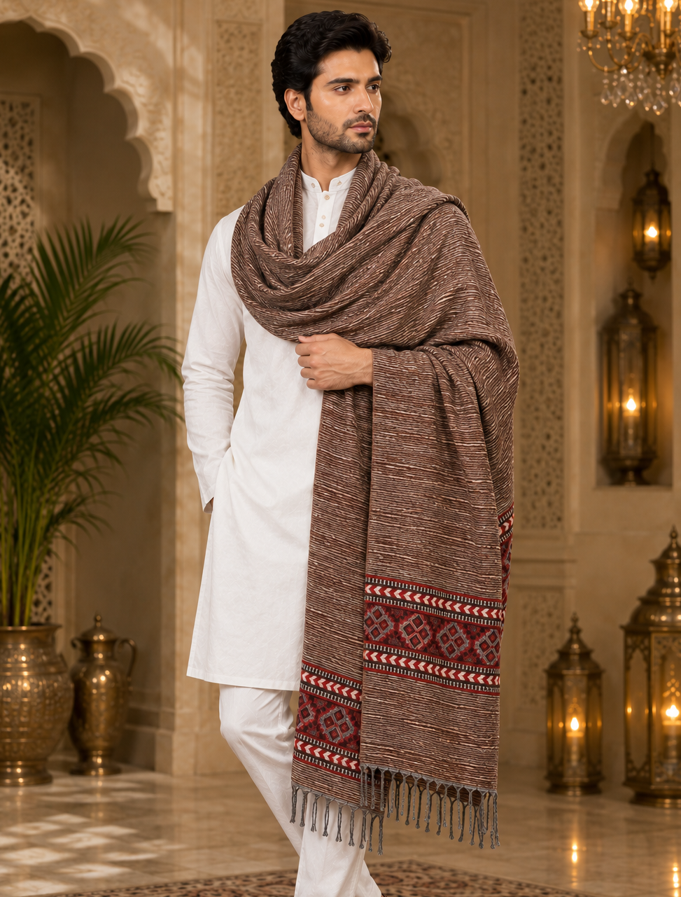 Weavers Villa Men's Kullu Border Woven Cashmilon Wool Gents Shawls, Muffler, Stoles for Men, 100cm x 200cm