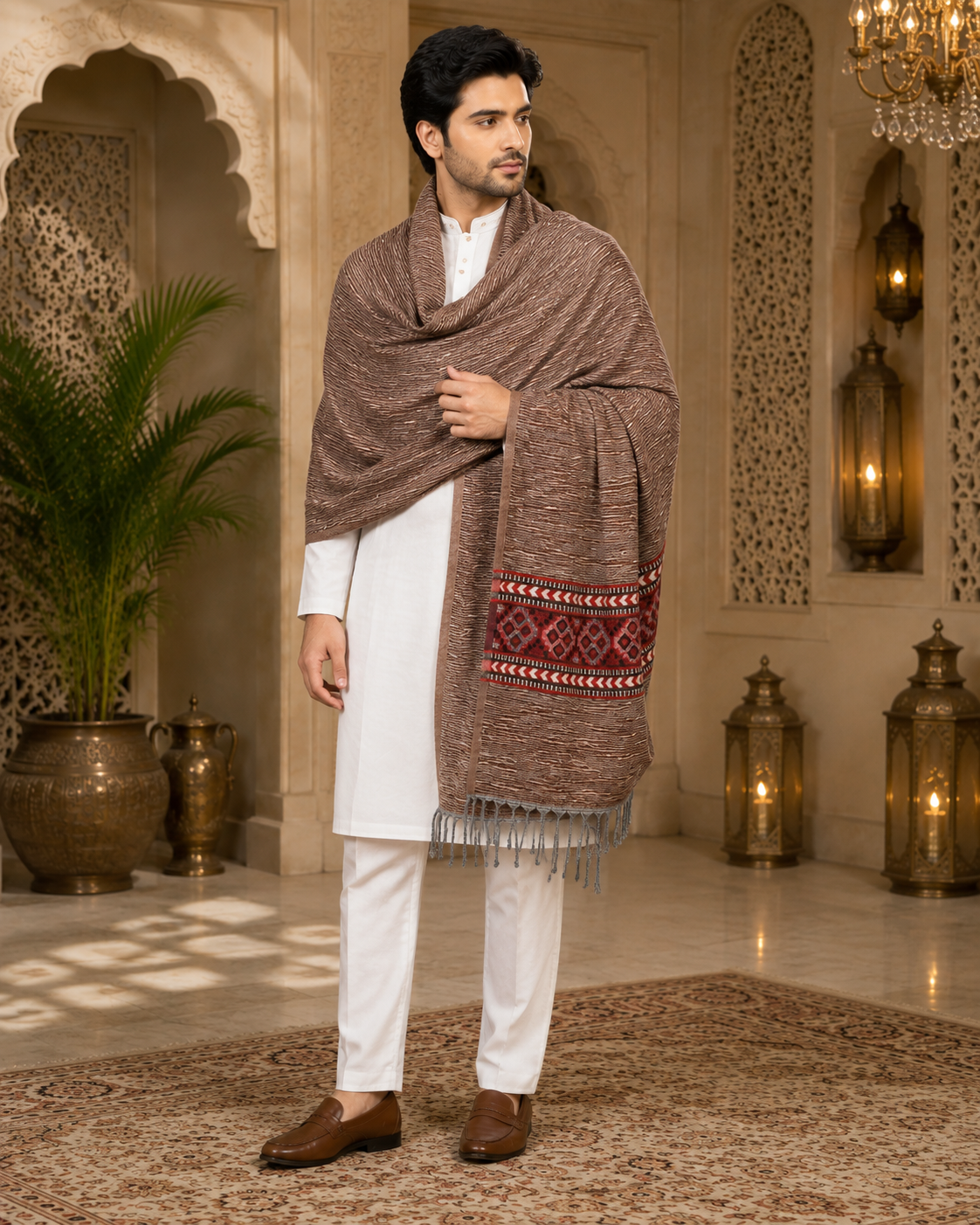 Weavers Villa Men's Kullu Border Woven Cashmilon Wool Gents Shawls, Muffler, Stoles for Men, 100cm x 200cm