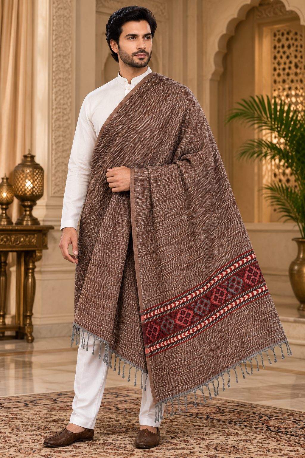 Weavers Villa Men's Kullu Border Woven Cashmilon Wool Gents Shawls, Muffler, Stoles for Men, 100cm x 200cm