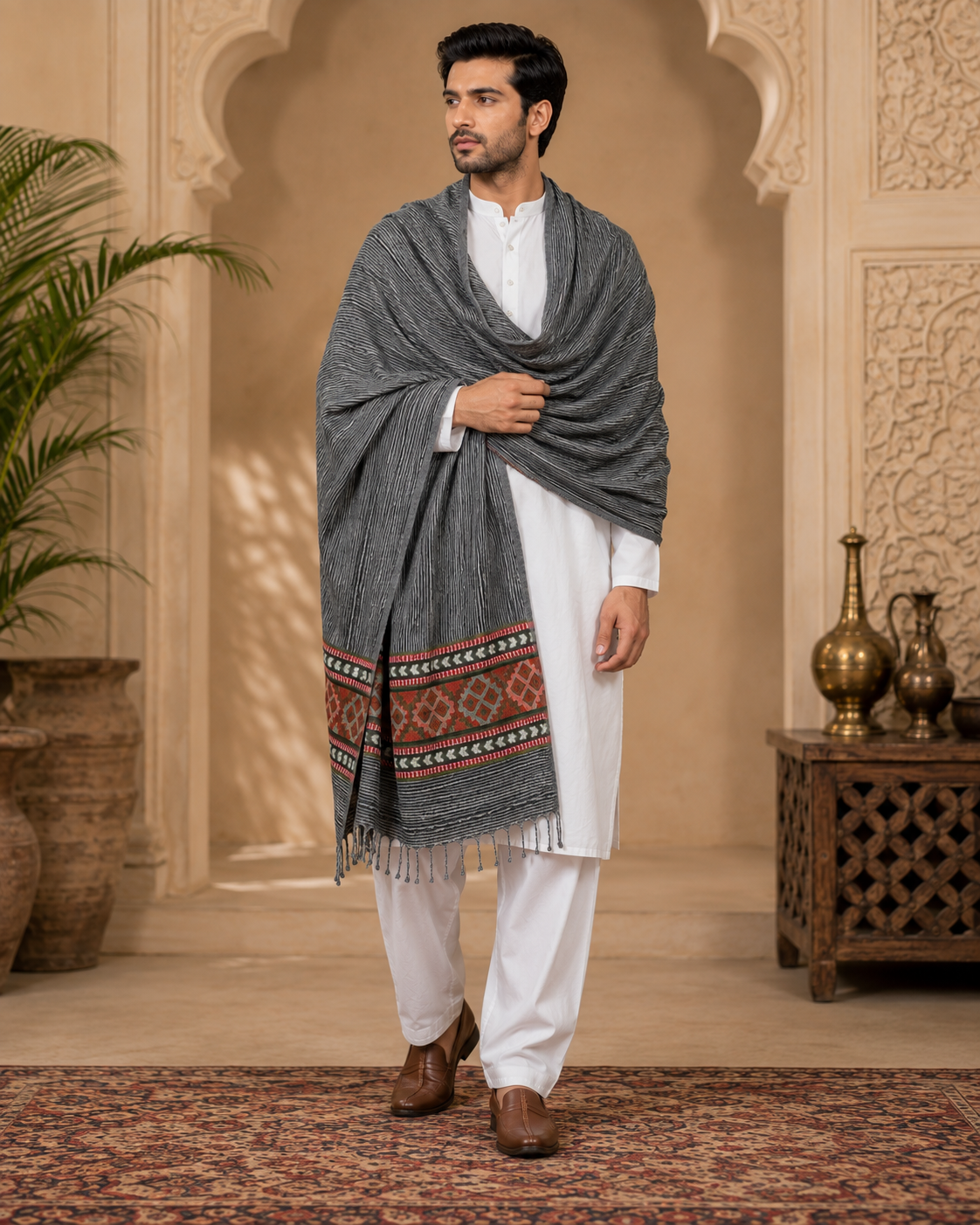 Weavers Villa Men's Kullu Border Woven Cashmilon Wool Gents Shawls, Muffler, Stoles for Men, 100cm x 200cm