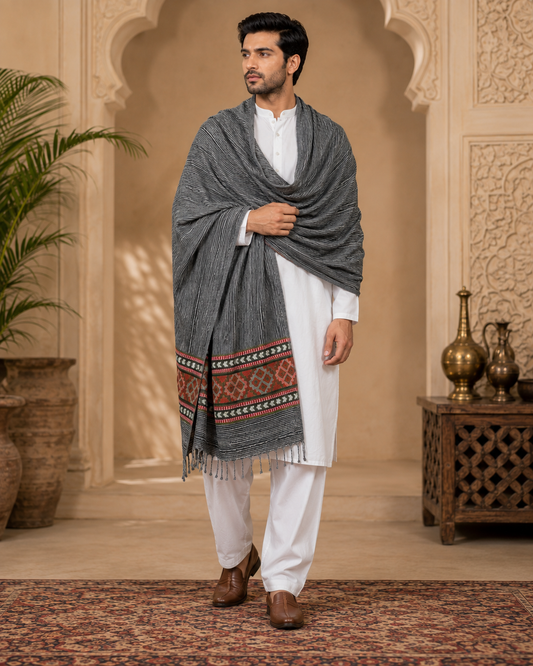 Weavers Villa Men's Kullu Border Woven Cashmilon Wool Gents Shawls, Muffler, Stoles for Men, 100cm x 200cm