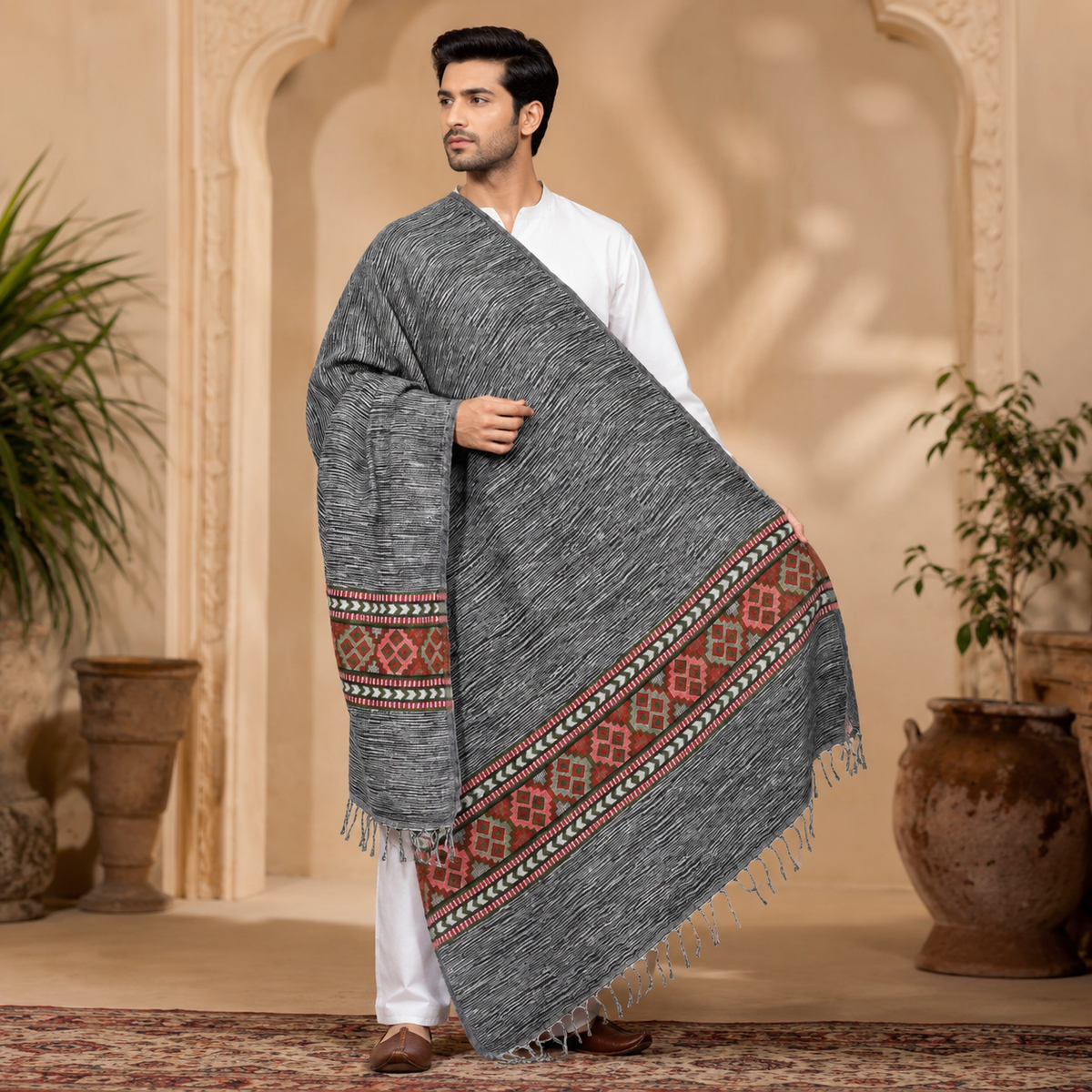 Weavers Villa Men's Kullu Border Woven Cashmilon Wool Gents Shawls, Muffler, Stoles for Men, 100cm x 200cm