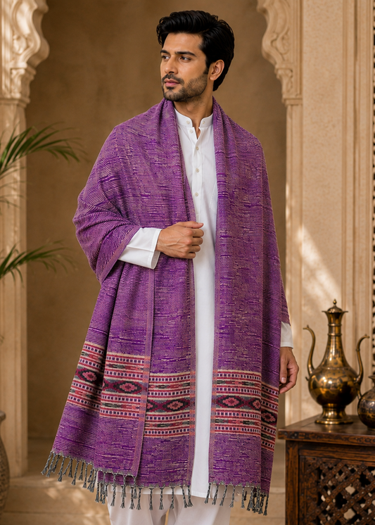 Weavers Villa Men's Kullu Border Woven Cashmilon Wool Gents Shawls, Muffler, Stoles for Men, 100cm x 200cm