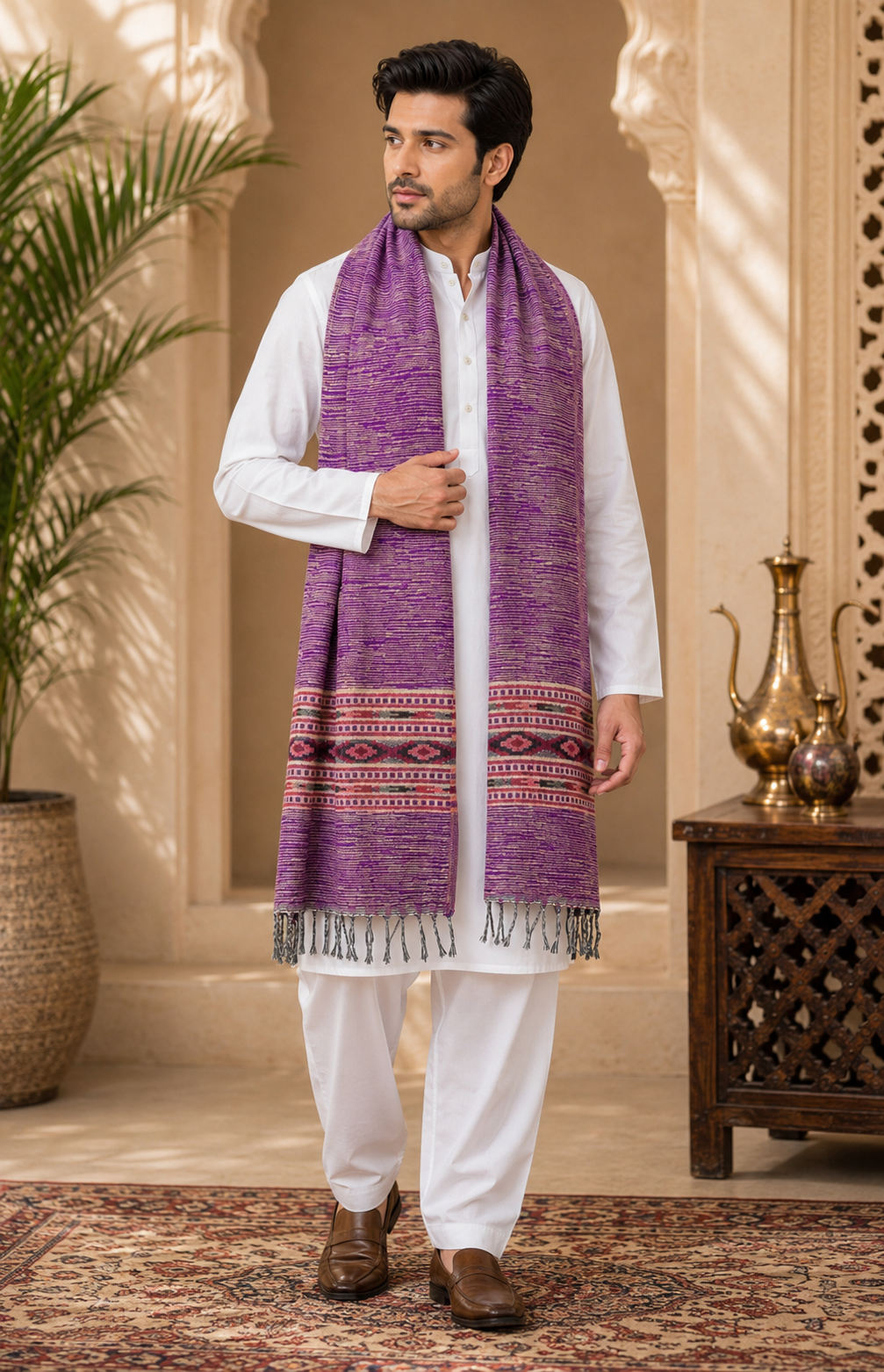 Weavers Villa Men's Kullu Border Woven Cashmilon Wool Gents Shawls, Muffler, Stoles for Men, 100cm x 200cm