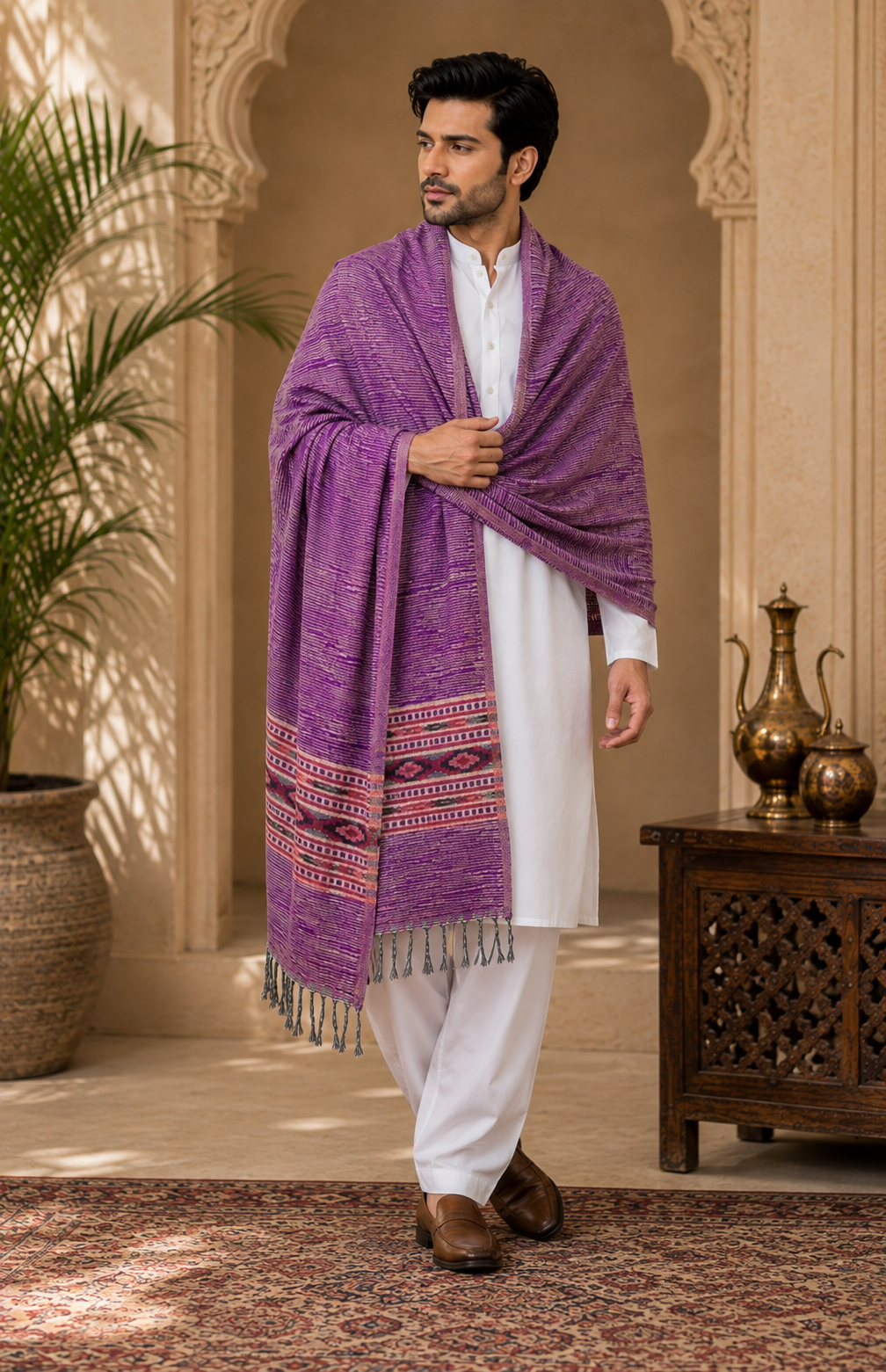 Weavers Villa Men's Kullu Border Woven Cashmilon Wool Gents Shawls, Muffler, Stoles for Men, 100cm x 200cm