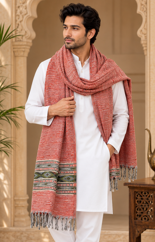 Weavers Villa Men's Kullu Border Woven Cashmilon Wool Gents Shawls, Muffler, Stoles for Men, 100cm x 200cm