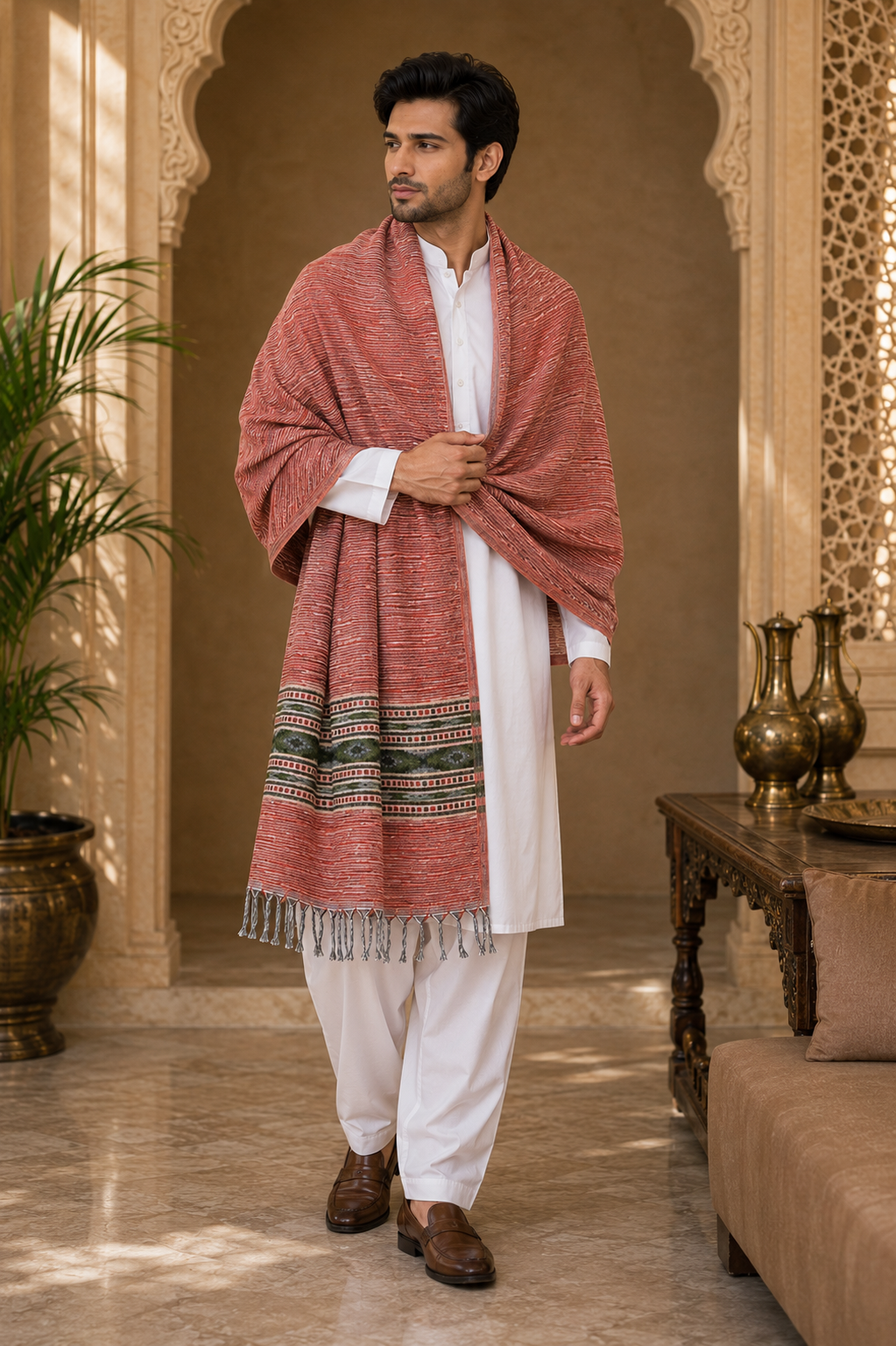 Weavers Villa Men's Kullu Border Woven Cashmilon Wool Gents Shawls, Muffler, Stoles for Men, 100cm x 200cm