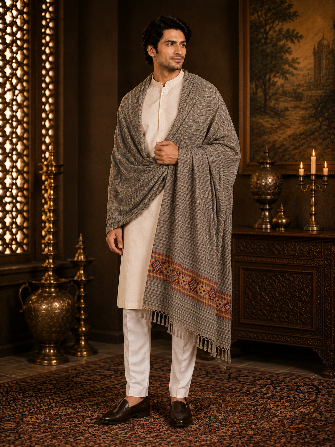 Men's Kullu Border Woven Cashmilon Shawl