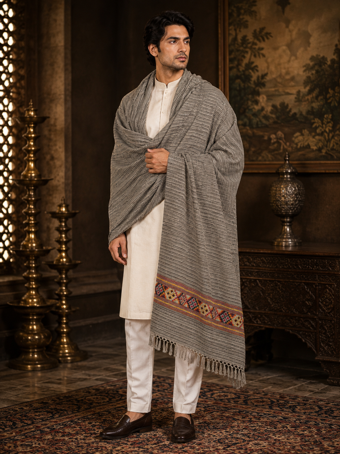Men's Kullu Border Woven Cashmilon Shawl