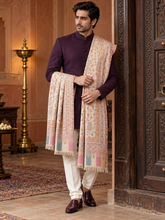 Weavers Villa MS-517-BEIGE men's shawl styled on a premium model in a royal setting, view 1.