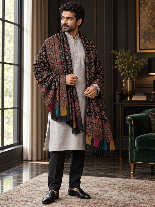 Weavers Villa MS-517-BLACK men's shawl styled on a premium model in a royal setting, view 1.