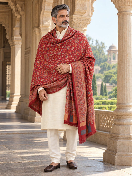 Weavers Villa MS-517-MAROON men's shawl styled on a premium model in a royal setting, view 1.
