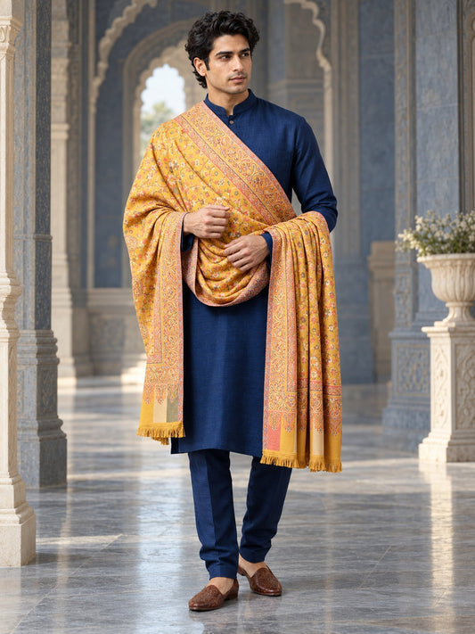 Weavers Villa MS-517-MUSTARD men's shawl styled on a premium model in a royal setting, view 1.